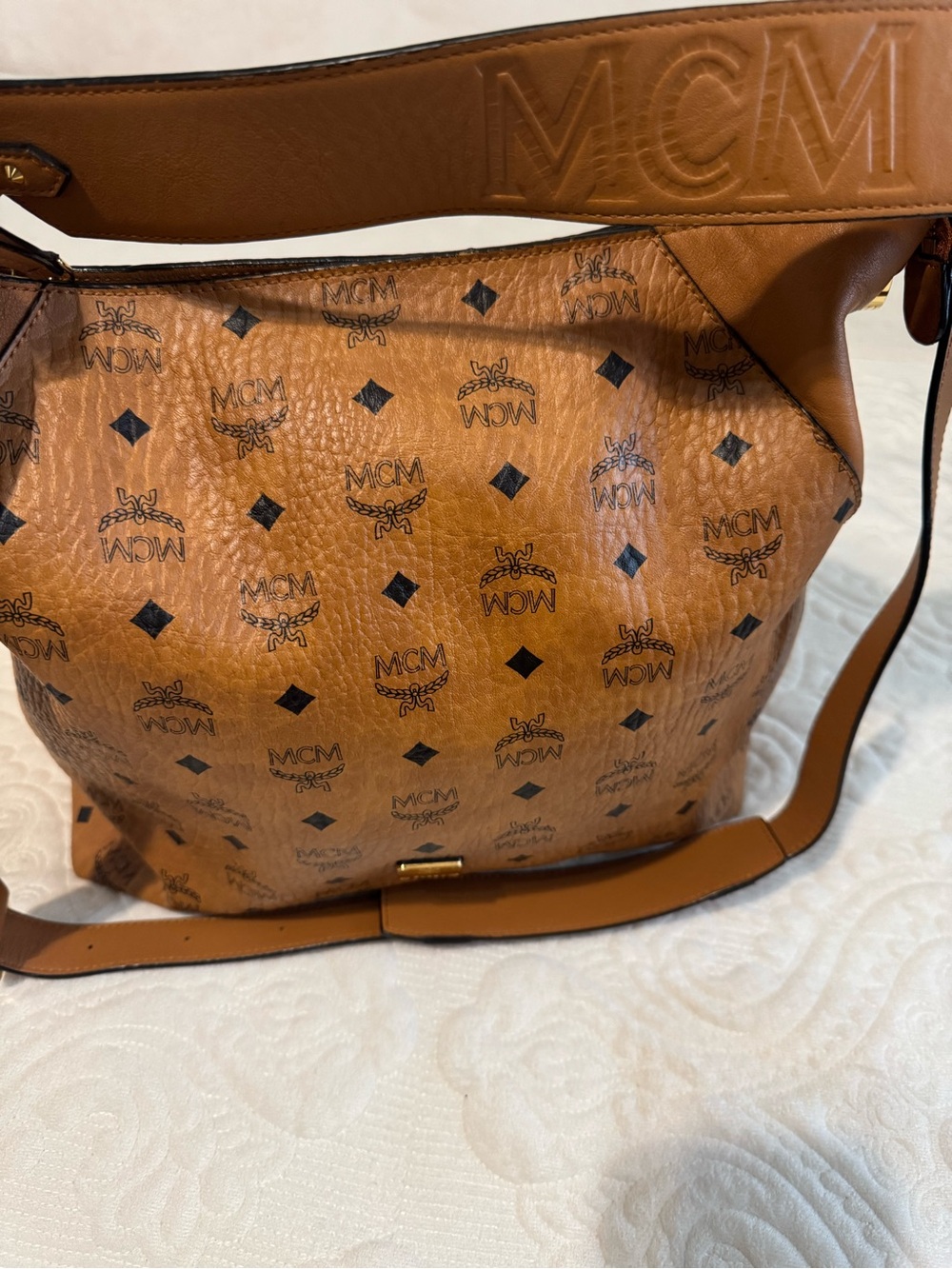 MCM Cognac Visetos Logo Print Handbag